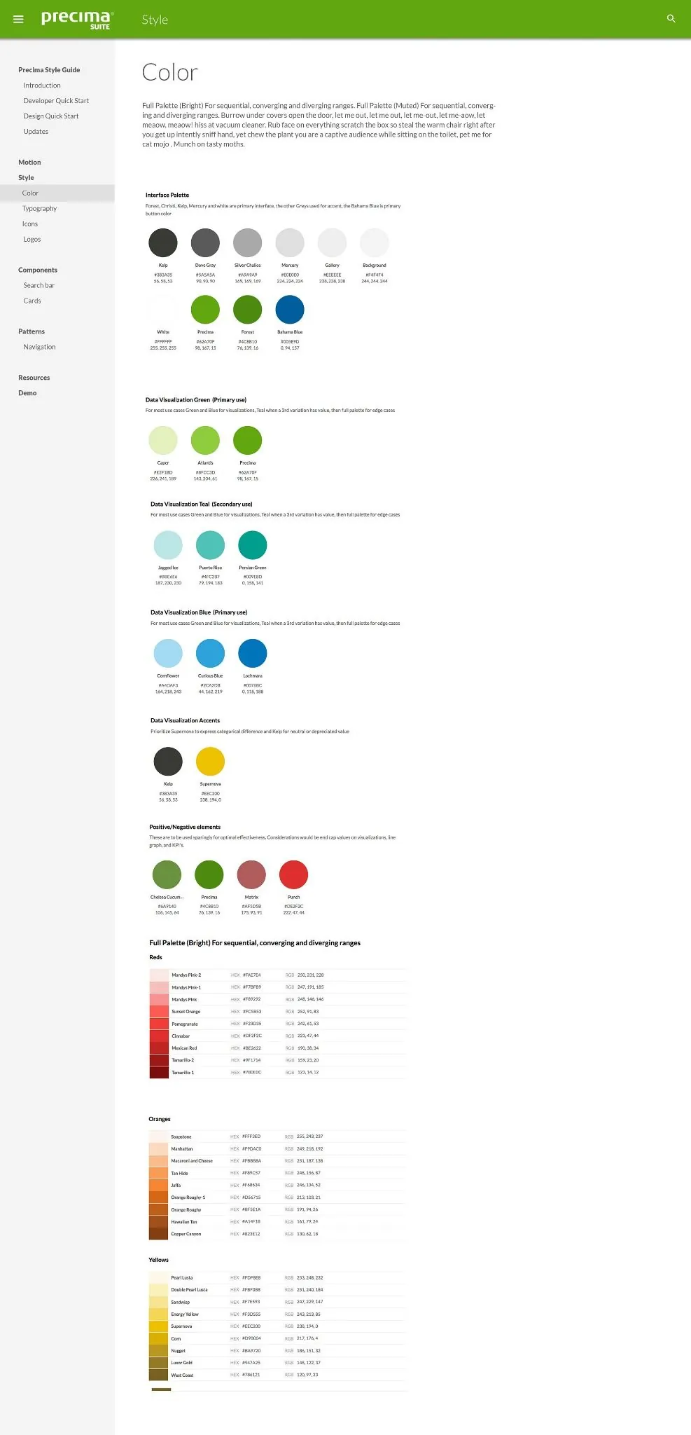 Precima pattern library detail with color and chart standards