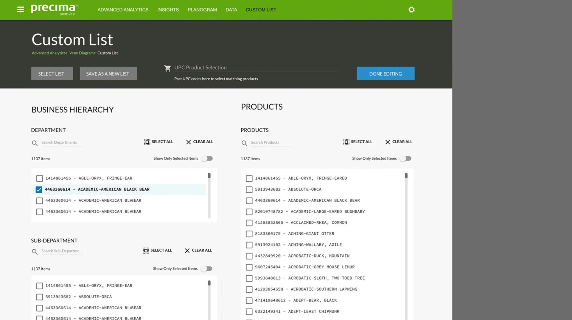 Custom list builder with business hierarchy and product selection