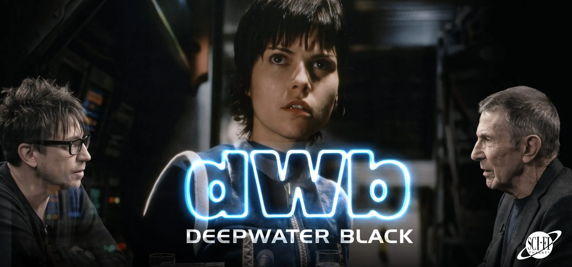 Composite artwork: Daniel Riley and Leonard Nimoy facing each other on either side of the Deepwater Black title