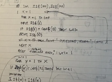 Handwritten BASIC that reads input into an array and counts words at every space