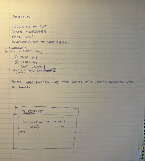 Notebook page headed Problems with a list of design issues and a sketch of a screen layout