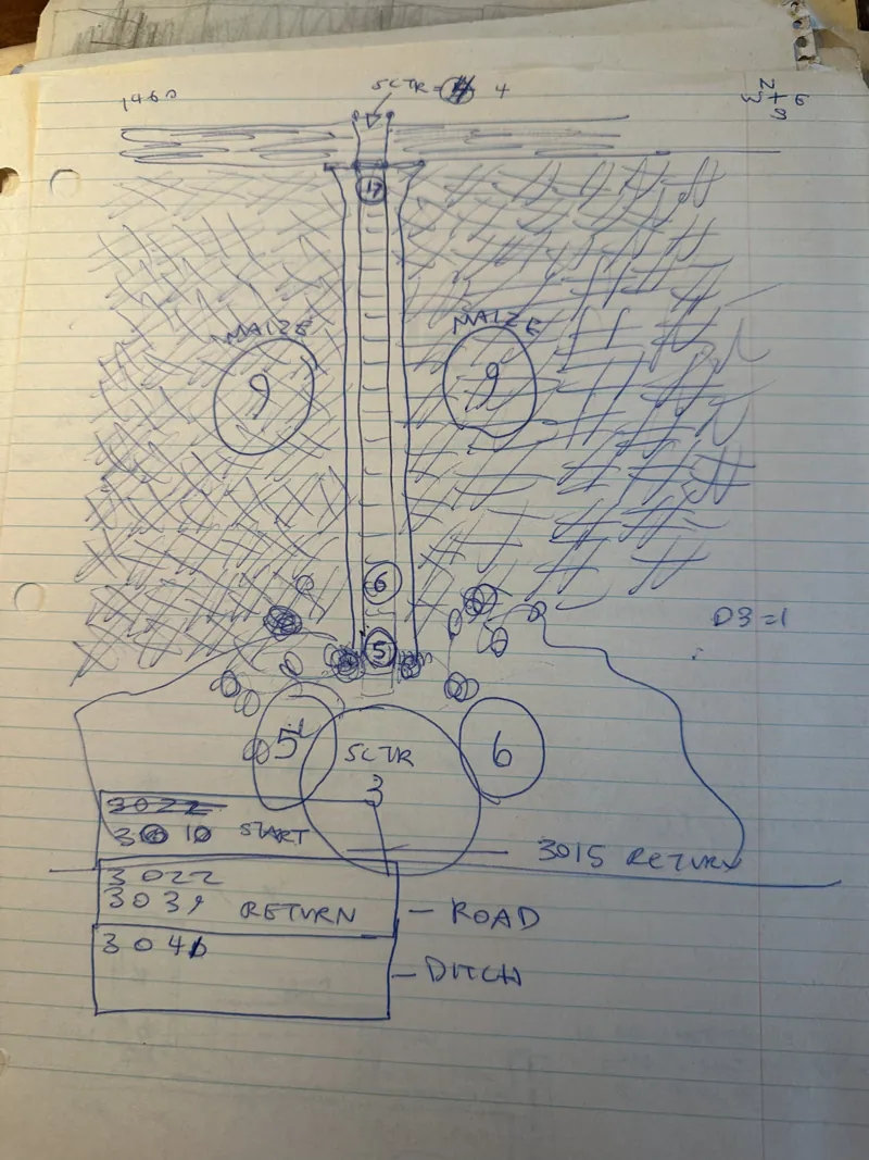 Ink map of a cornfield sector with a road, a ditch and line numbers 3010 to 3040