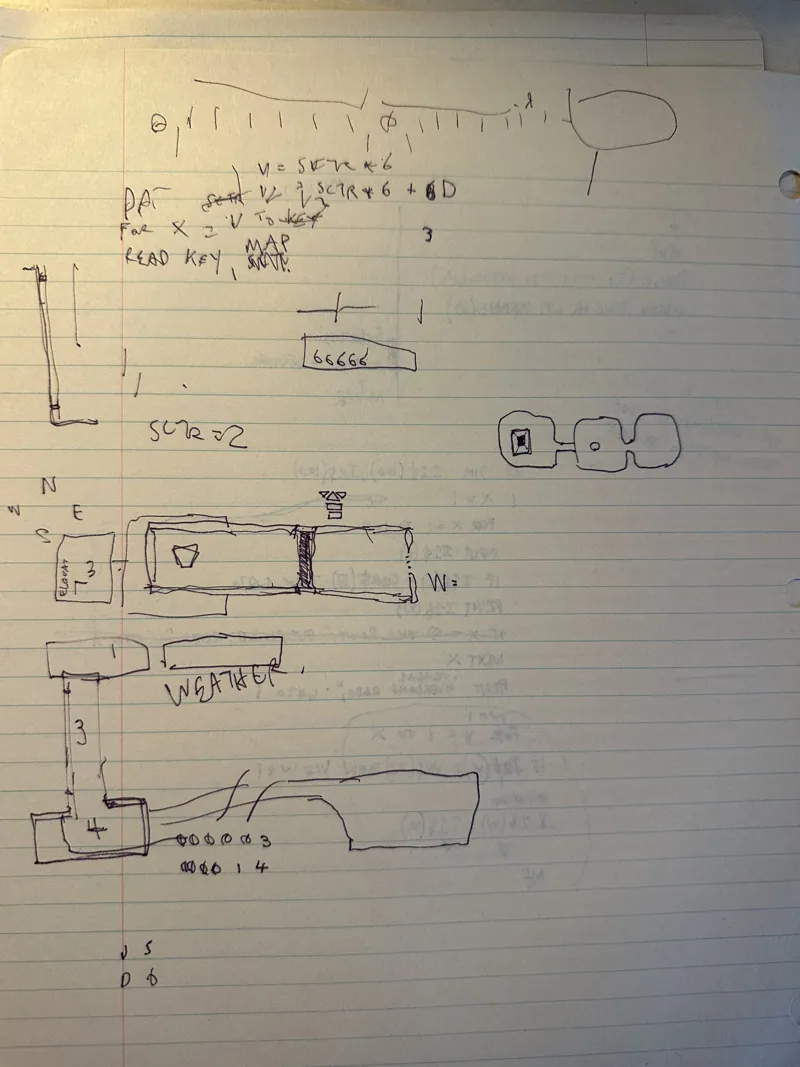 Notebook page with V = SCTR*6 and sketches of rooms and an elevator