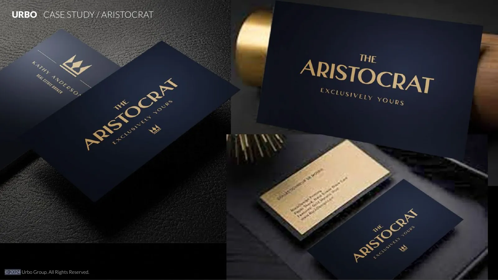 Mockup of Aristocrat business cards in navy and brass