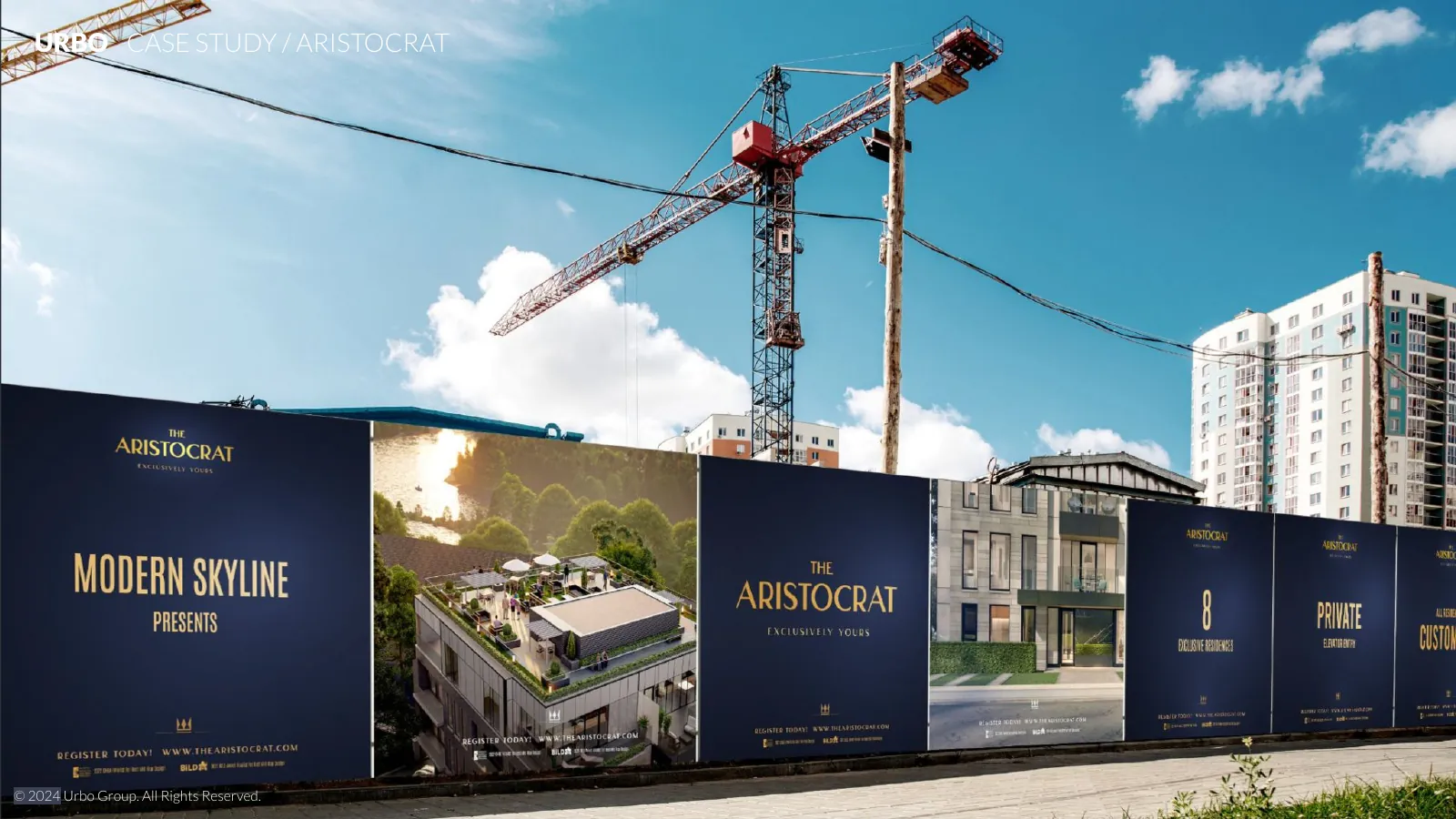 A run of hoarding panels in front of a construction site with a crane: Modern Skyline presents, The Aristocrat, renderings and key facts