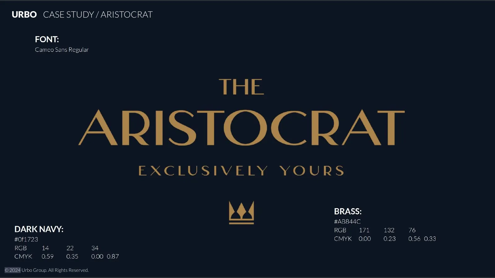 The Aristocrat wordmark and crown in brass on dark navy, with colour values for dark navy and brass