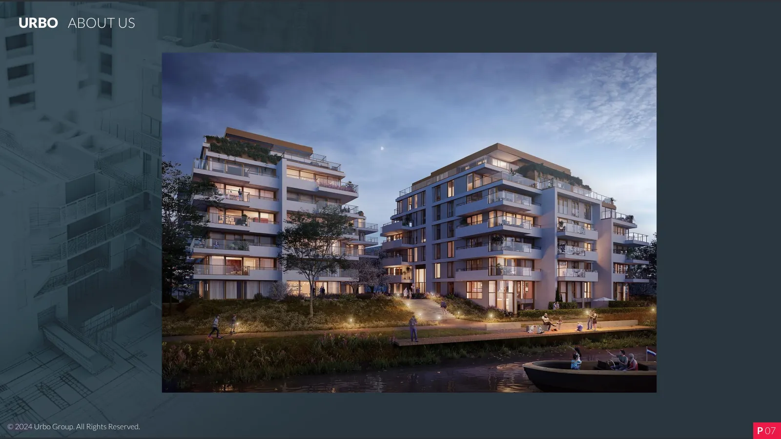 Rendering: residential complex at dusk