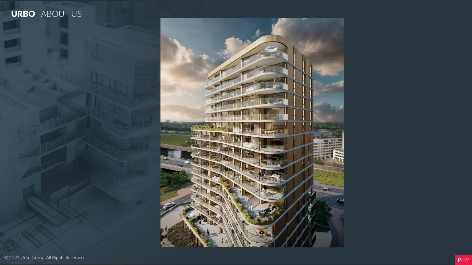 Rendering: tower beside a marina