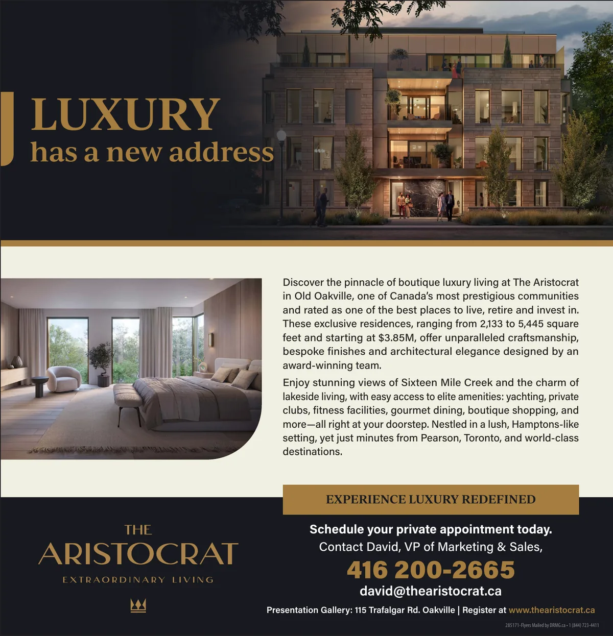 Direct mail card: Luxury has a new address, with the building rendering, an interior and a call to book a private appointment