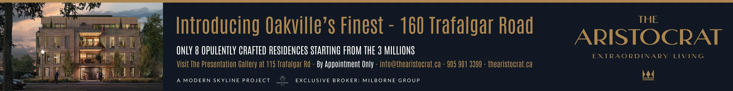 The Aristocrat site hoarding artwork, 8 by 64 feet: Introducing Oakville’s Finest, 160 Trafalgar Road, with the building rendering and wordmark
